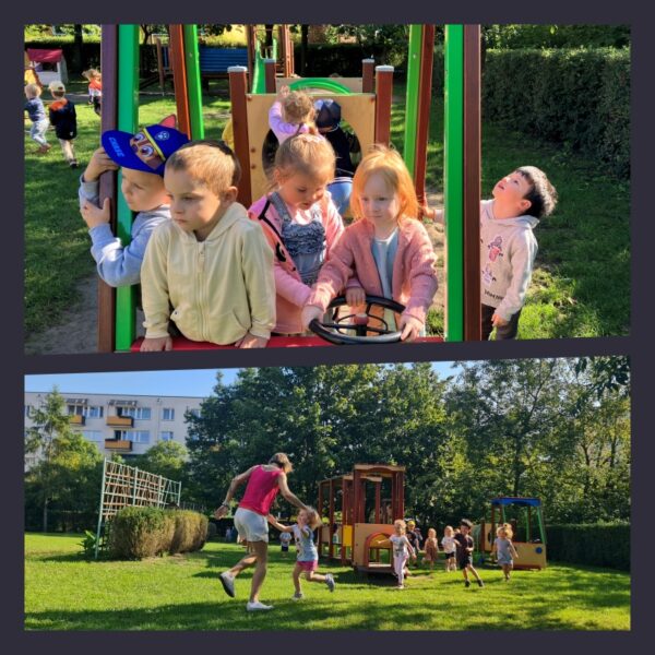 Zdjęcie przedstawia dzieci bawiące się na terenie ogrodu przedszkolnego.
