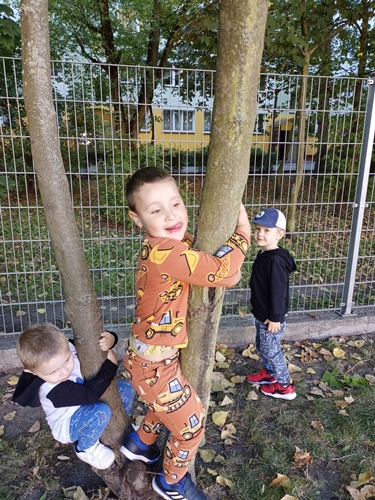 Chłopiec przytula się do drzewa.