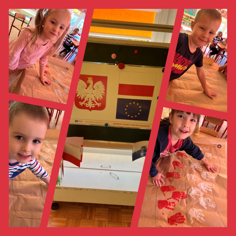 Dzieci z uśmiechem oraz radością odciskają rękę pomalowaną białą lub czerwoną farbą, aby ją zapełnić zgodnie ze schematem polskich barw narodowych.
