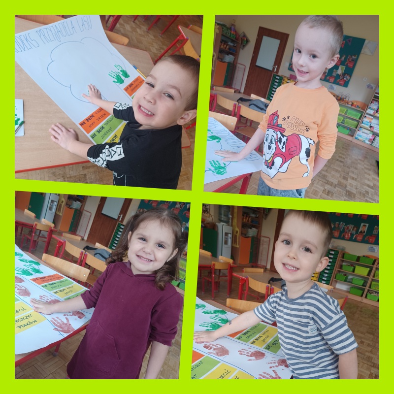 Dzieci z uśmiechem odciskują rękę pomalowaną farbą brązową lub zieloną na plakacie na znak tego, że podpisują się i zgadzają na wszystkie wymienione zasady w Kodeksie Przyjaciela Lasu. 