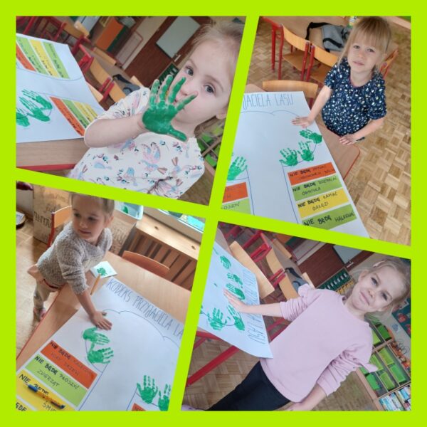 Dzieci z uśmiechem odciskują rękę pomalowaną farbą zieloną na plakacie na znak tego, że podpisują się i zgadzają na wszystkie wymienione zasady w Kodeksie Przyjaciela Lasu. 