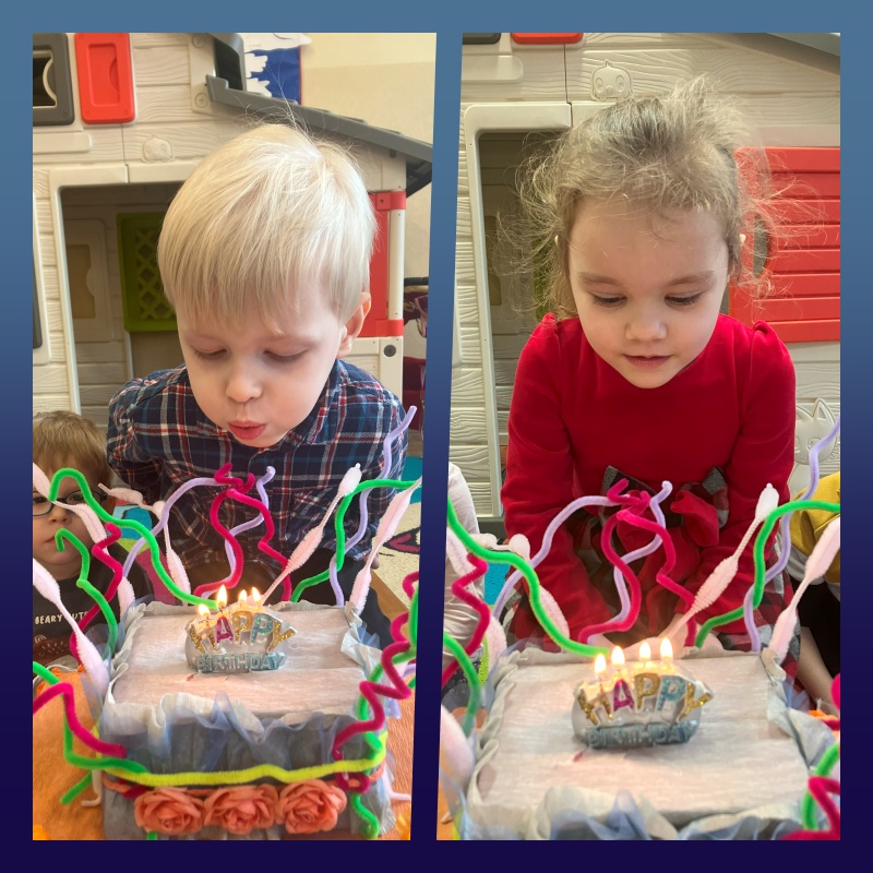 Dzieci na zdjęciu zdmuchują świeczkę z tortu urodzinowego przygotowanego przez nauczycielką.