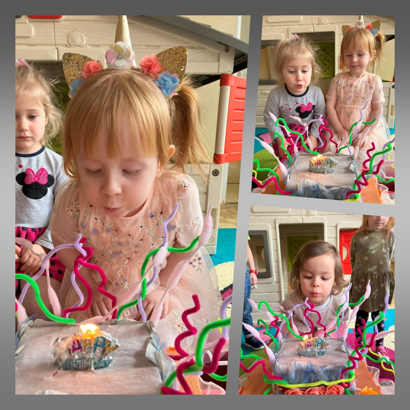 Na zdjęciu solenizantki dmuchają świeczki z tortu urodzinowego.