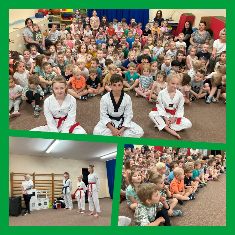 Kolaż zdjęć przedstawiający dzieci ze wszystkich grup i zawodników przebranych w stroje do taekwondo.  Dwie dziewczynki mają czerwony pas, natomiast chłopiec prezentuje się w czarnym pasie.