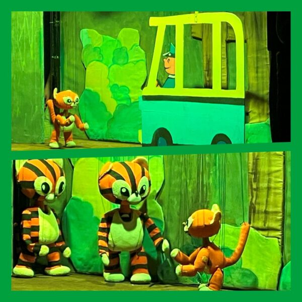 Zdjęcie przedstawia sceny ze spektaklu: Pietrek obok autobusu oraz w trakcie rozmowy z tygrysami, które zabrały mu paski za tchórzostwo.
